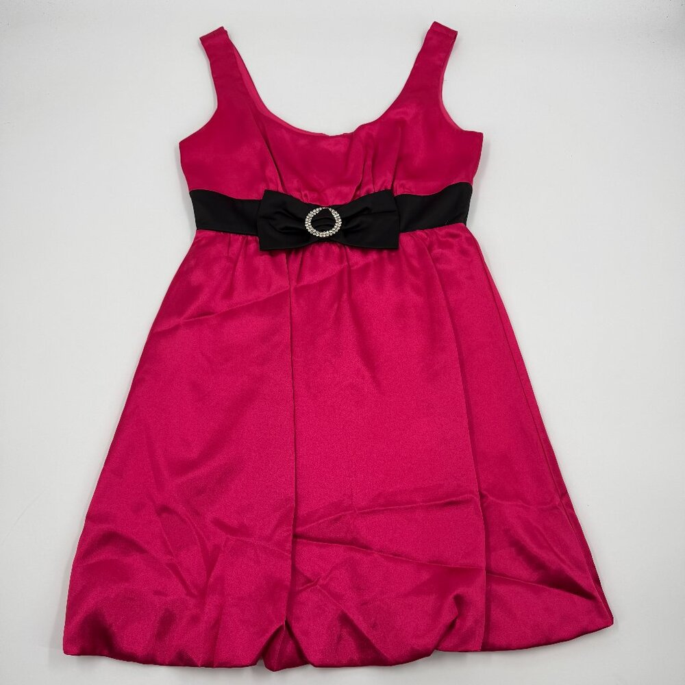 Forever Hot‎ Pink Satin Bubble Hem Cocktail Dress Rhinestone Bow Black Sash S